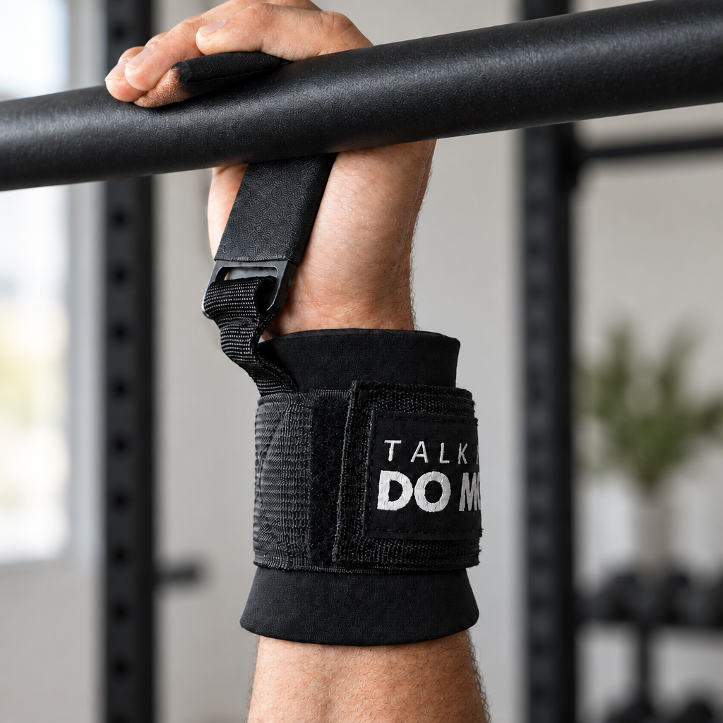 Square close-up demonstration of the black gym wrist grip