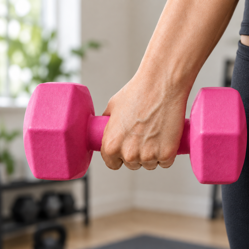 Square close-up demonstration of the pink dumbbell