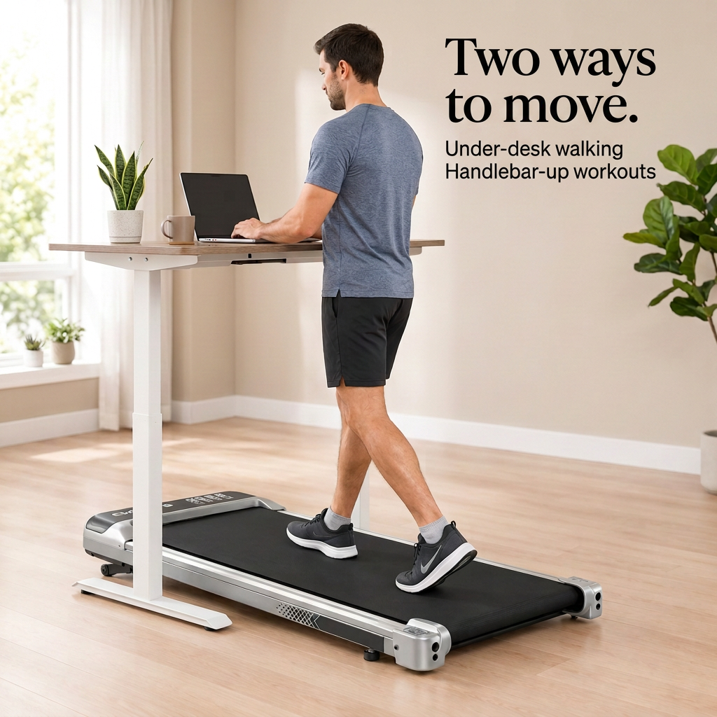 Under-desk treadmill image with Two ways to move text overlay